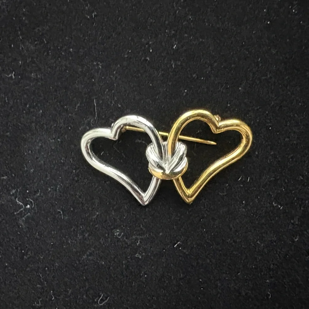 Vintage Anne Klein Late 1980s to early 1990s Two-Tone Double Heart Brooch.